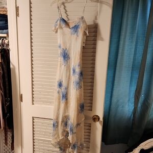 Iz Byer Cream and Blue Floral High Low Dress